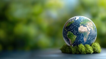 Sustainable and Renewable Globe Surrounded by Lush Green Moss on a Blurred Natural Background Representing Environmental Conservation and Ecological Balance