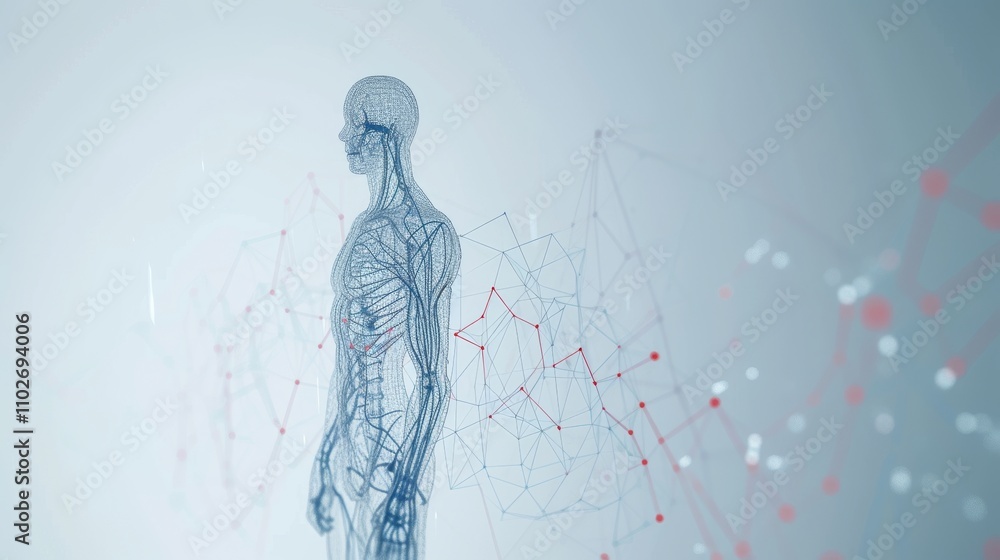 Poster a side view 3d illustration of a human anatomy figure overlaid with a complex web of data points and