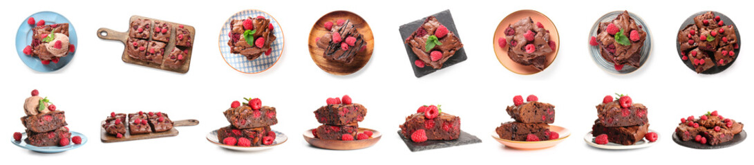 Set of delicious chocolate brownie with raspberries on white background