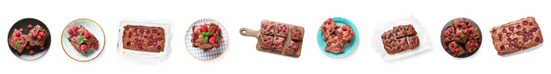 Set of sweet chocolate brownie with raspberries on white background, top view
