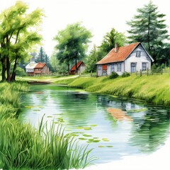 Obraz premium the AI Image Generator, Tranquil Countryside Landscape With Stream