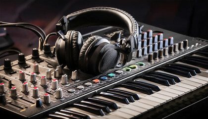 Fototapeta premium A collection of music equipment laid out on a studio floor- headphones, microphones, mixing