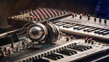 A collection of music equipment laid out on a studio floor- headphones, microphones, mixing