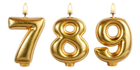 golden festive candle in the shape of numbers 7, 8 and 9 for birthday cake and party