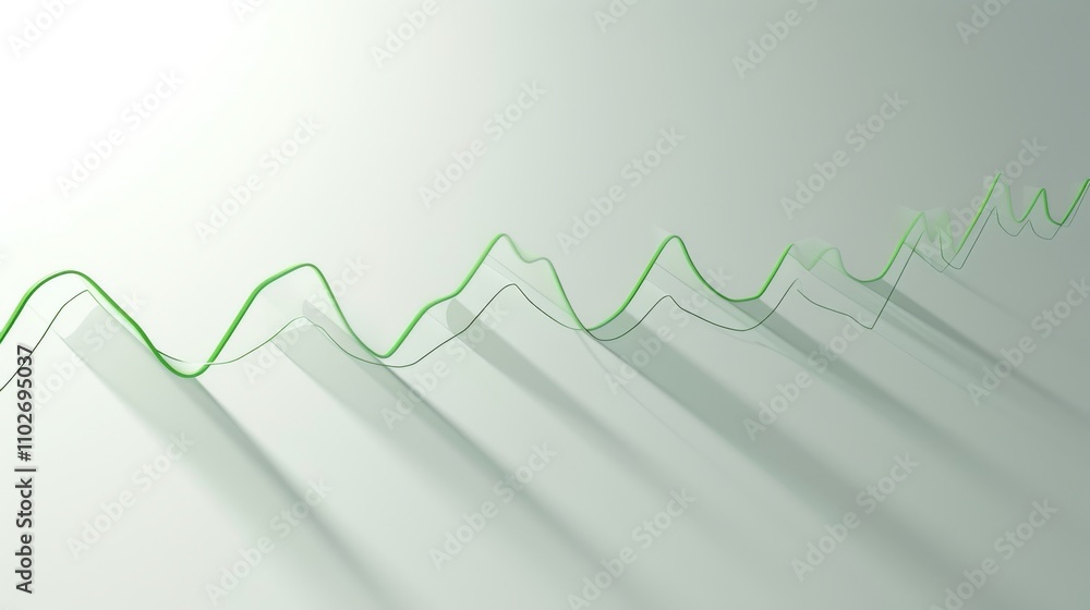 Poster a minimalist financial chart featuring smooth green lines casting shadows on a light background, sym