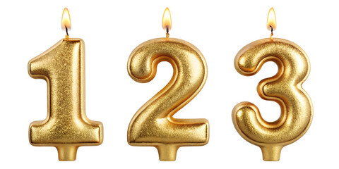 golden festive candle in the shape of numbers 1, 2 and 3 for birthday cake and party