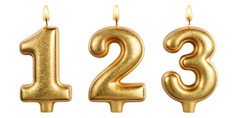 golden festive candle in the shape of numbers 1, 2 and 3 for birthday cake and party