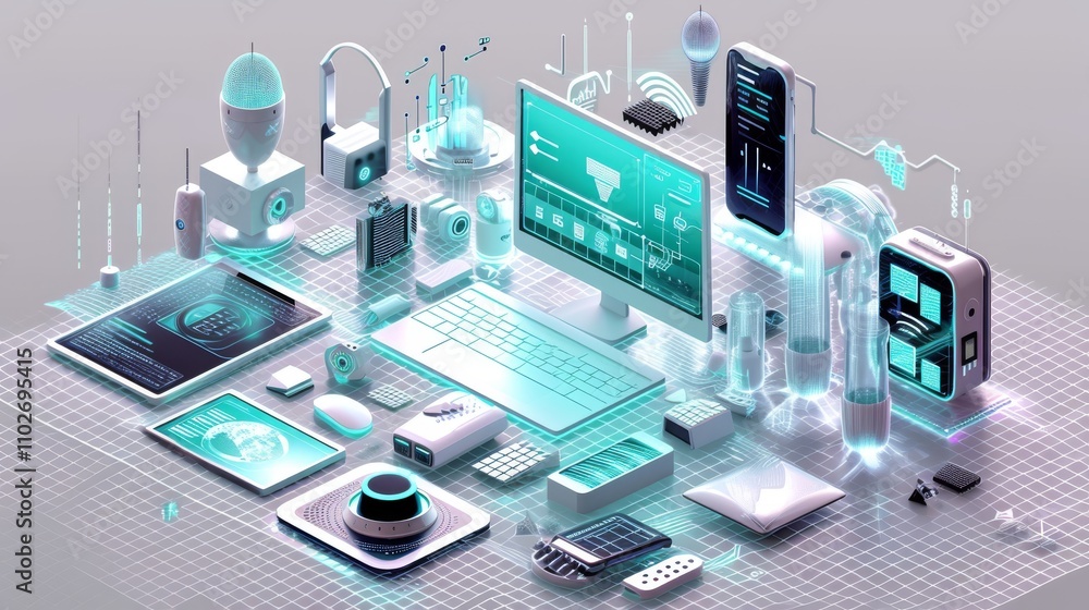 Poster a visually captivating arrangement of digital devices and futuristic tech gadgets in a sleek grid la