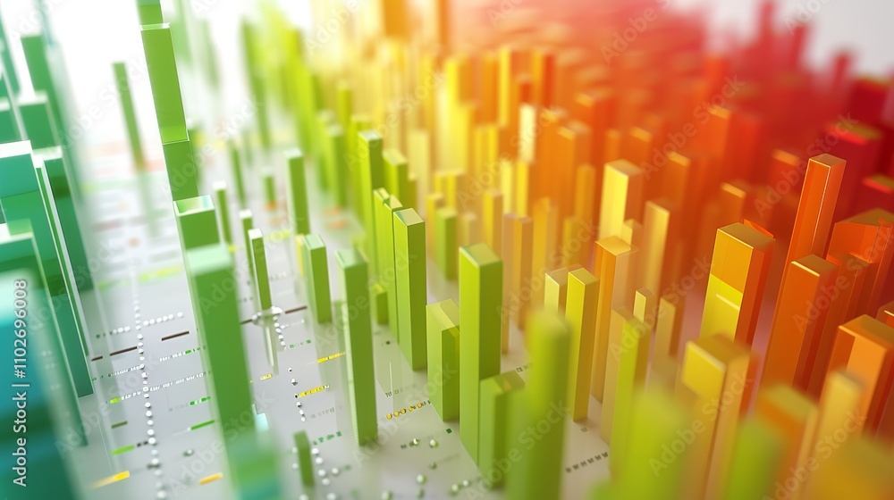 Poster a detailed 3d bar graph with shades of green, yellow, and orange, blurred to create a sense of depth