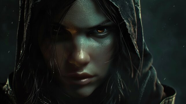 Mysterious female killer with sharp eyes looking at the camera, AI generated image