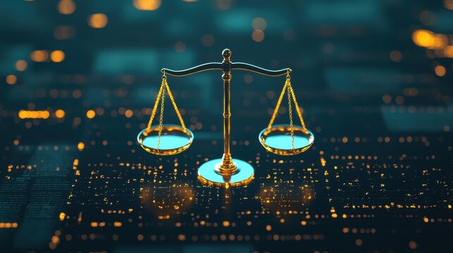A golden scale of justice balances on a digital background, symbolizing fairness, law, and technology in modern society.
