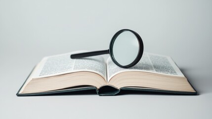 An open book with a magnifying glass resting on its pages, symbolizing reading, research, and exploration of knowledge.