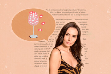Creative collage of minded pretty girl brainstorming mind bubble like notification glass book page...