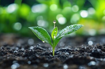 Raindrop Nurturing a Young Shoot - Embracing Nature's Growth and Harmony
