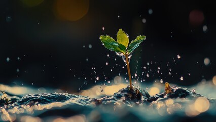 Raindrop Nurturing a Young Shoot - Embracing Nature's Growth and Harmony