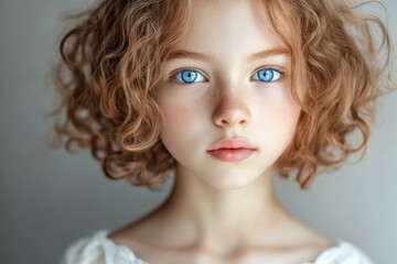 Fototapeta premium Young girl with curly light brown hair and blue eyes wearing a white dress poses against a simple background