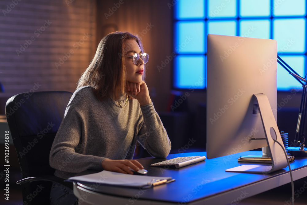 Poster female programmer working with computer in office at night