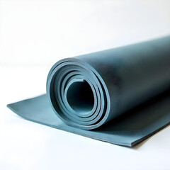A yoga mat rolled up neatly on a white background
