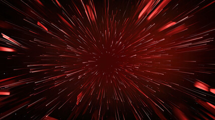A vibrant explosion of red light streaks radiating outward against a dark background, creating a dynamic, energetic visual effect.