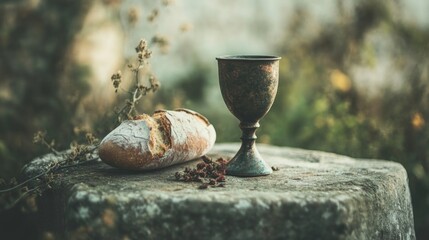 Holy Communion elements in nature. In a natural setting, bread and wine rest on a stone, symbolizing the connection between spiritual rituals and creation.