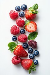 Obraz premium Colorful Fresh Berries and Strawberries on White Background Top View Summer Healthy Eating Composition