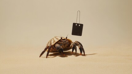 Hermit Crab Pulls Price Tag Across Sandy Surface