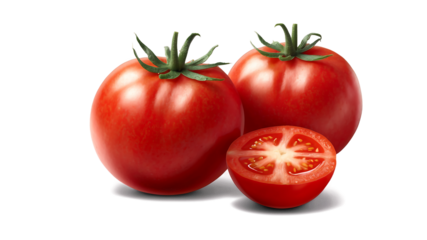 Tomato with whole and half slices falling isolated on a clean PNG background, showcasing vibrant red tomatoes in dynamic motion, ideal for culinary designs, fresh food visuals, and recipe illustration