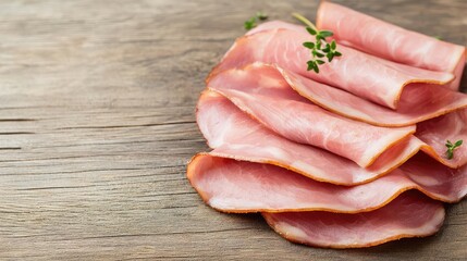 Sliced ham on wooden board with herbs for garnish.