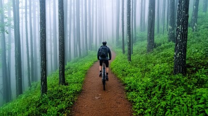 Obraz premium A cyclist rides along a misty forest path, surrounded by tall trees and lush greenery, creating a serene and tranquil atmosphere.