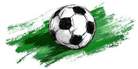 soccer ball sketch on green paintbrush stroke, hand-drawn soccer illustration, abstract sports art