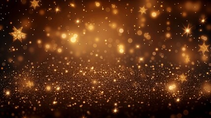 Fototapeta premium Abstract festive background with golden glittering stars and bokeh lights, Christmas or New Year celebration, high resolution photography