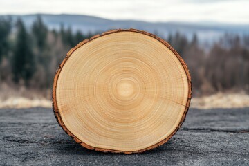 Organization structure and mission, A close-up of a tree stump, showcasing its rings and texture against a blurred natural background.