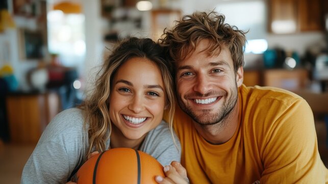 A smiling couple with a basketball, sharing a relaxed and warm moment indoors, symbolizing companionship, love, and shared interests in a homey atmosphere.