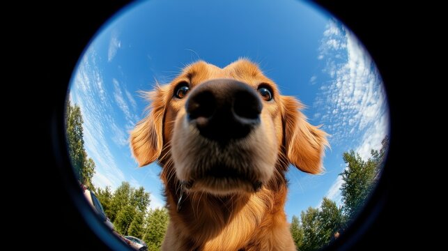 Playful golden retriever photographed with a fish-eye effect, emphasizing its inquisitive nature amidst a blue sky and surrounding trees, signifying joy and loyalty.