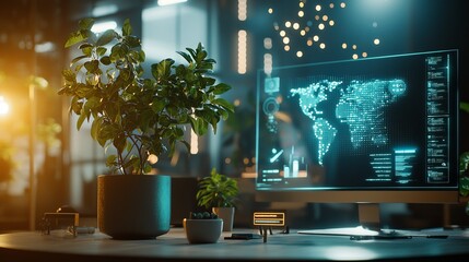 Futuristic innovation hub holographic screens and indoor plants modern office space urban environment immersive technology experience