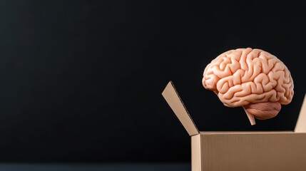 A creative visualization of a realistic brain emerging from a cardboard box, representing the concept of thinking outside constraints, imagination, and mental freedom.