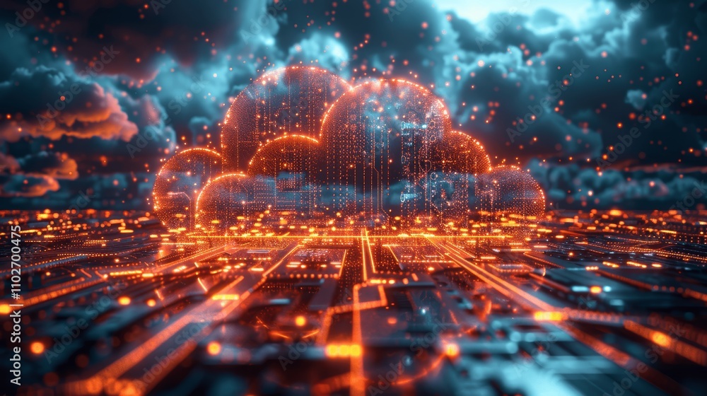 Poster futuristic cloud computing with hologram and data flow in blue theme