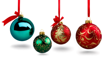Christmas ornaments png festive hanging balls on black background with red ribbons and gold designs
