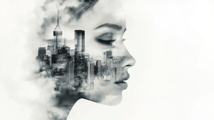 Abstract Emotional Portrait with Urban Silhouette, High Contrast Watercolor Art on White Background