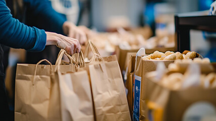 Obraz premium Community volunteers pack food bags during busy afternoon at local food pantry