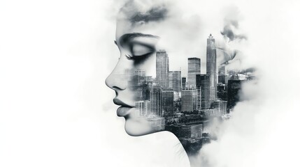 Abstract Emotional Portrait with Urban Silhouette, High Contrast Watercolor Art on White Background