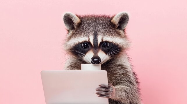 Raccoon Enjoying Coffee and Reviewing on Tablet