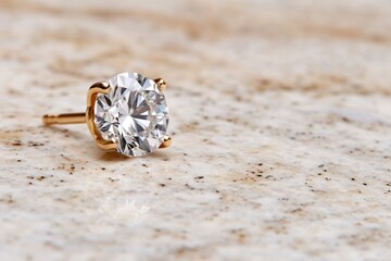 Fototapeta premium A solitary, glistening diamond earring with a gold setting elegantly positioned on a textured stone surface, highlighting the sophisticated beauty of fine jewelry.