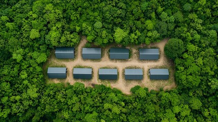 Innovative green tech research center surrounded by lush forest aerial view nature-focused sustainable development concept