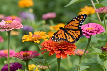 A vibrant monarch butterfly with striking orange and black wings flutters gracefully among bright summer flowers, creating a lively, colorful scene full of warmth and life.