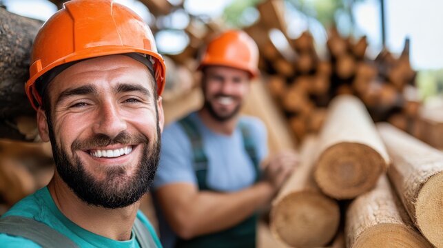 A cheerful male worker with a beard and an orange helmet stands in front of piles of wooden logs, showcasing his enthusiasm for the lumber industry.