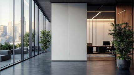 Modern Office Space Minimalist Design with Large White Partition and Natural Light