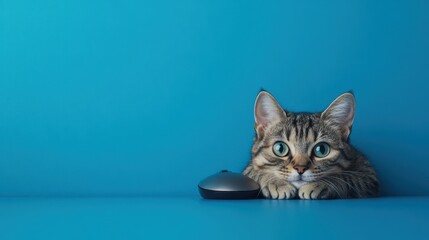Cat Lounging on Desk with Computer Mouse Nearby