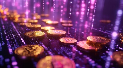 Rows of golden cryptocurrency coins on a neon-lit digital surface, bathed in futuristic light and data flows, representing the modern cryptocurrency market. AI generated.
