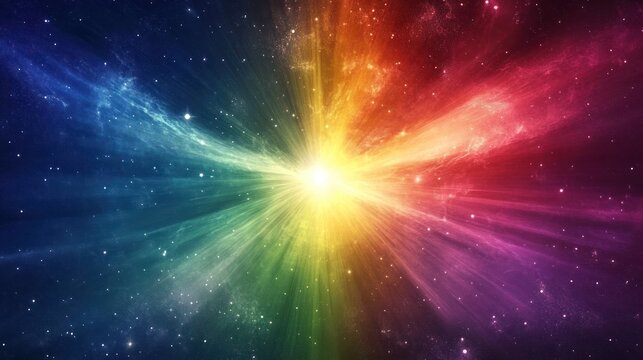 Fototapeta Vibrant cosmic explosion with rainbow rays emanating from a bright core in a dark space filled with stars and nebulae.